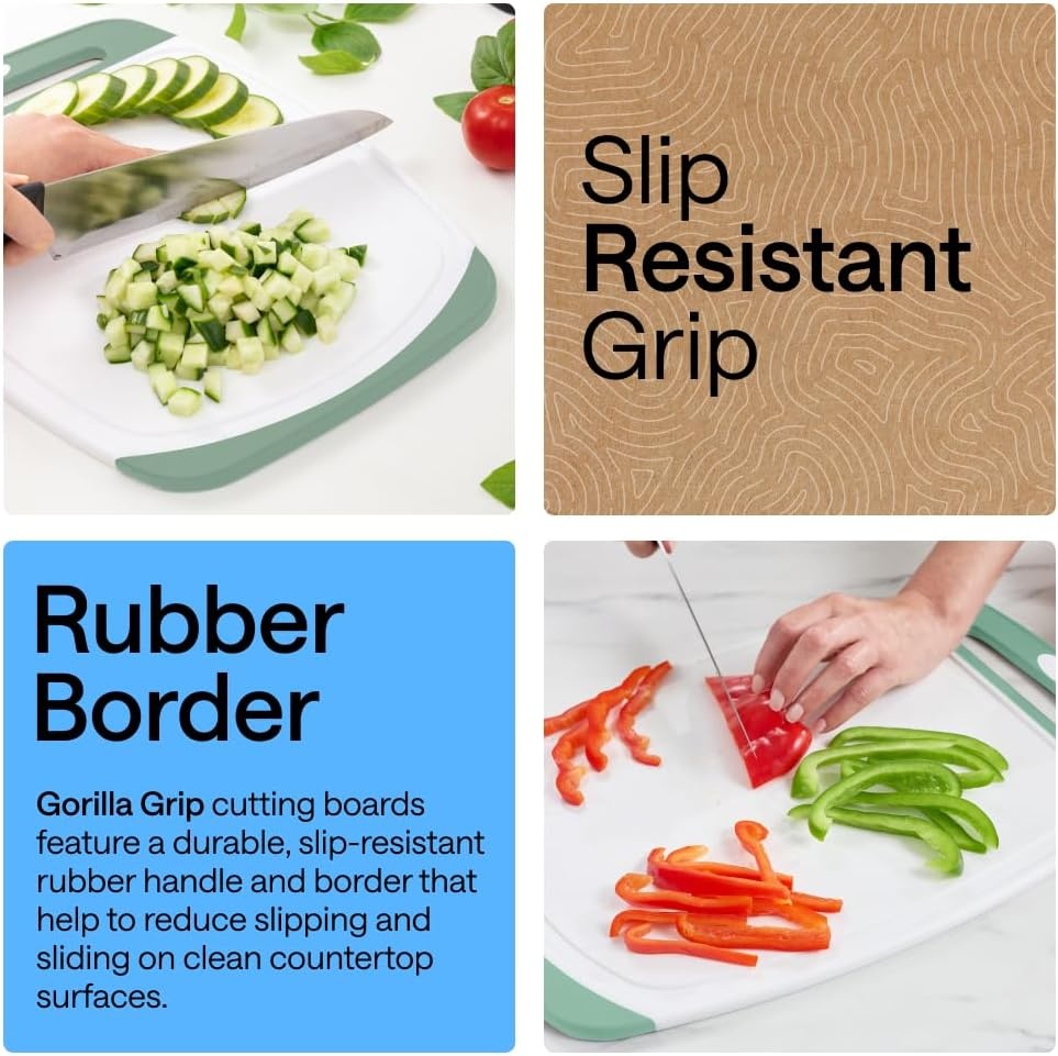 image:imageGORILLA GRIP BPAFree Reversible Kitchen Cutting Board Set of 3 US Designed Nonporous Juice Grooves Catch Liquid Slip Resistant Border Dishwasher Safe Durable Large Food Chopping Boards BlackMintWhite
