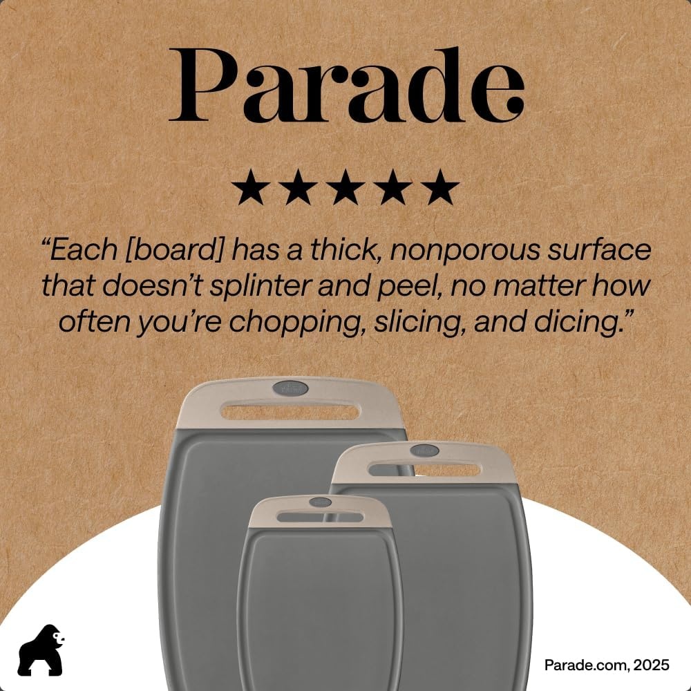 image:imageGORILLA GRIP BPAFree Reversible Kitchen Cutting Board Set of 3 US Designed Nonporous Juice Grooves Catch Liquid Slip Resistant Border Dishwasher Safe Durable Large Food Chopping Boards BlackGrayAlmond