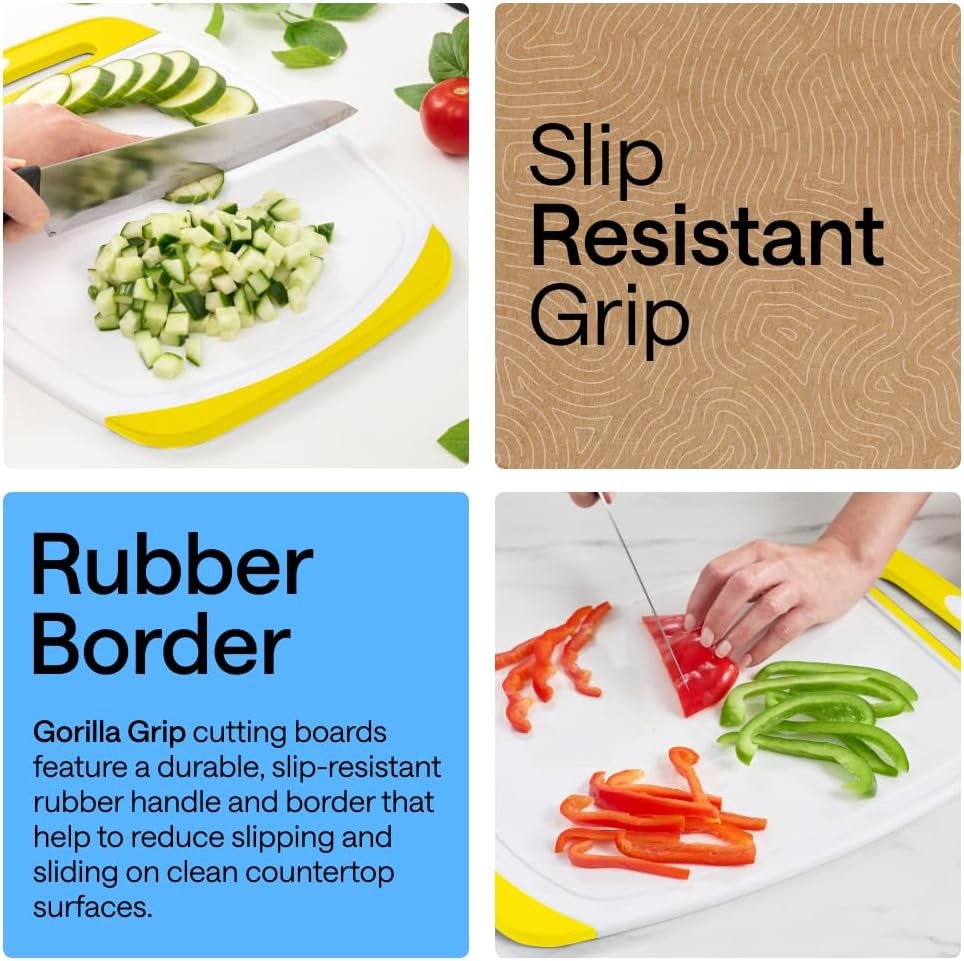 image:imageGORILLA GRIP BPAFree Reversible Kitchen Cutting Board Set of 3 US Designed Nonporous Juice Grooves Catch Liquid Slip Resistant Border Dishwasher Safe Durable Large Food Chopping Boards BlackLemonWhite
