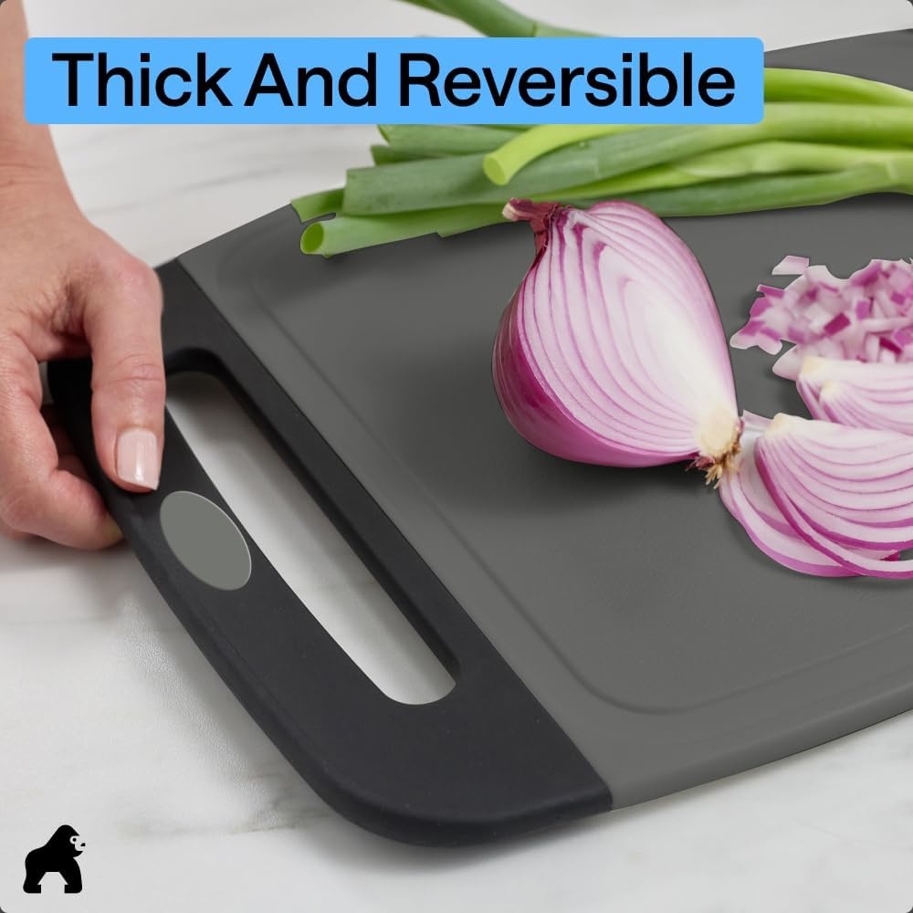 image:imageGORILLA GRIP BPAFree Reversible Kitchen Cutting Board Set of 3 US Designed Nonporous Juice Grooves Catch Liquid Slip Resistant Border Dishwasher Safe Durable Large Food Chopping Boards BlackGrayBlack