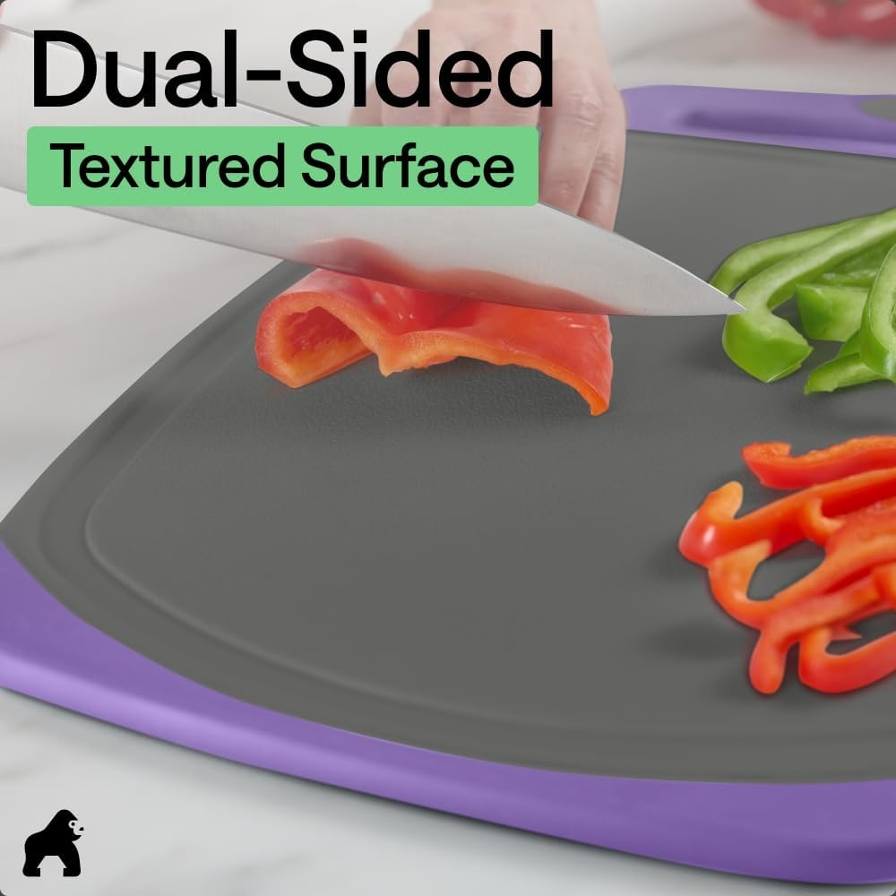 image:imageGORILLA GRIP BPAFree Reversible Kitchen Cutting Board Set of 3 US Designed Nonporous Juice Grooves Catch Liquid Slip Resistant Border Dishwasher Safe Durable Large Food Chopping Boards BlackGrayPurple