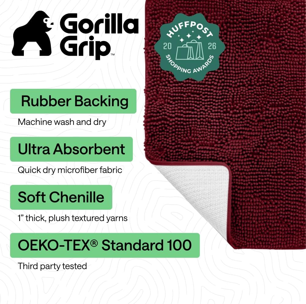 image:imageGORILLA GRIP Bath Rug Mat Thick Soft Absorbent Chenille Quick Dry Microfiber Mats Rubber Backing Machine Washable Shower Floor Rugs Bathroom Bathmat Home Decor Accessories 24x17 GreyBurgundy
