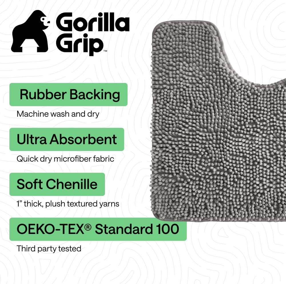 image:imageGORILLA GRIP Bath Rug Mat Thick Soft Absorbent Chenille Quick Dry Microfiber Mats Rubber Backing Machine Washable Shower Floor Rugs Bathroom Bathmat Home Decor Accessories 24x17 GreyGrey