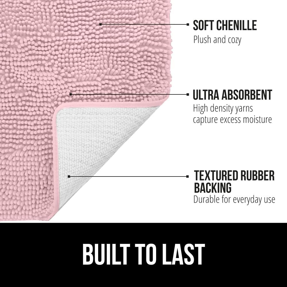 image:imageGORILLA GRIP Bath Rug Mat Thick Soft Absorbent Chenille Quick Dry Microfiber Mats Rubber Backing Machine Washable Shower Floor Rugs Bathroom Bathmat Home Decor Accessories 24x17 GreyLight Pink