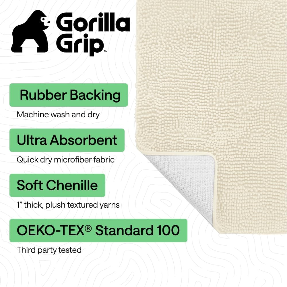 image:imageGORILLA GRIP Bath Rug Mat Thick Soft Absorbent Chenille Quick Dry Microfiber Mats Rubber Backing Machine Washable Shower Floor Rugs Bathroom Bathmat Home Decor Accessories 24x17 GreyIvory
