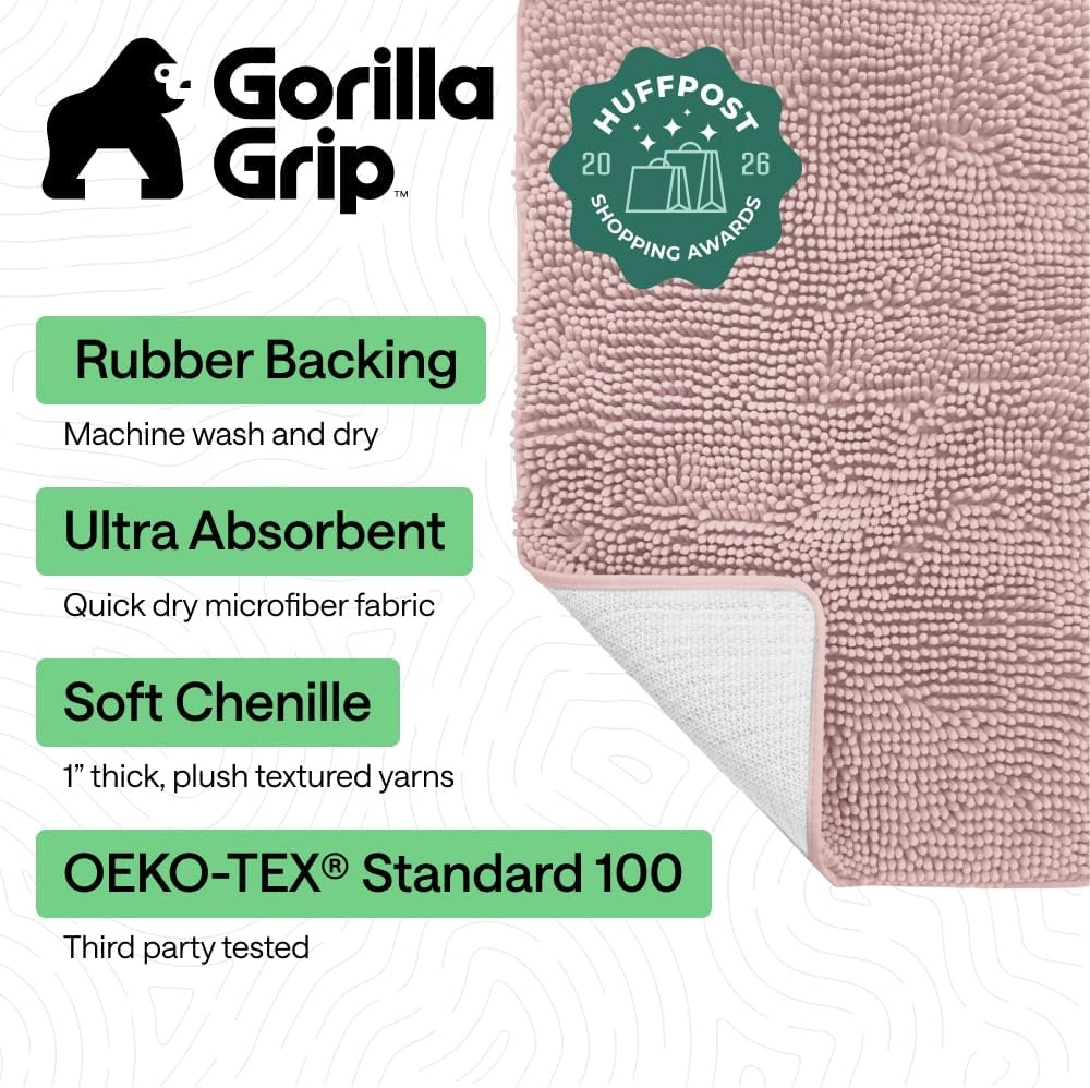image:imageGORILLA GRIP Bath Rug Mat Thick Soft Absorbent Chenille Quick Dry Microfiber Mats Rubber Backing Machine Washable Shower Floor Rugs Bathroom Bathmat Home Decor Accessories 24x17 GreyDusty Rose