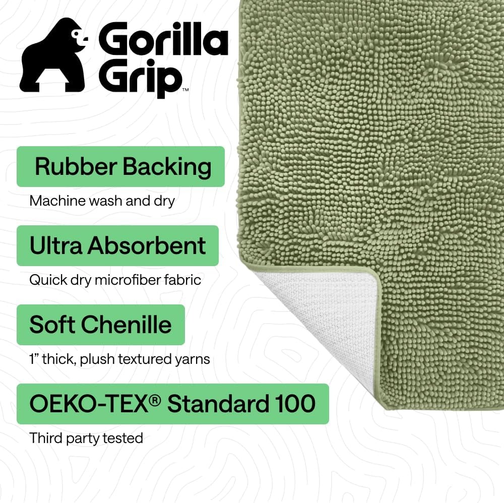 image:imageGORILLA GRIP Bath Rug Mat Thick Soft Absorbent Chenille Quick Dry Microfiber Mats Rubber Backing Machine Washable Shower Floor Rugs Bathroom Bathmat Home Decor Accessories 24x17 GreySage