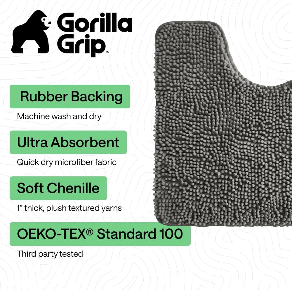 image:imageGORILLA GRIP Bath Rug Mat Thick Soft Absorbent Chenille Quick Dry Microfiber Mats Rubber Backing Machine Washable Shower Floor Rugs Bathroom Bathmat Home Decor Accessories 24x17 GreyCharcoal