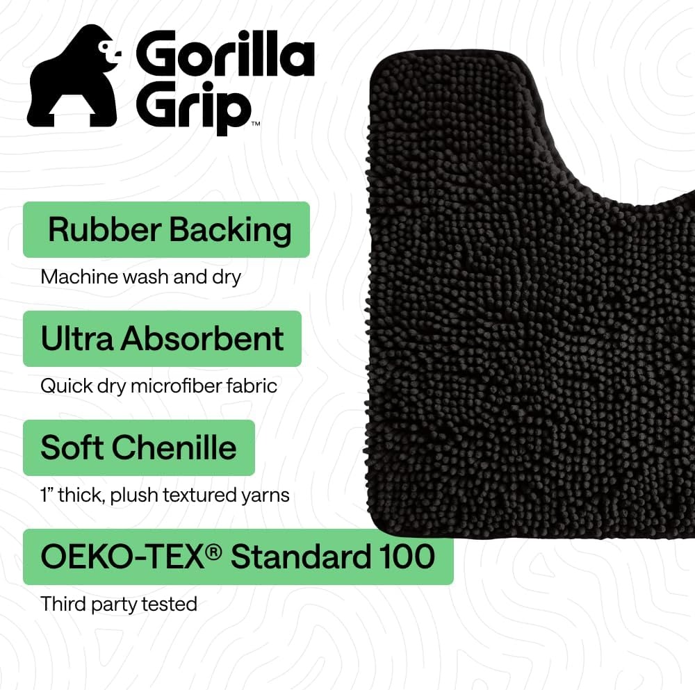 image:imageGORILLA GRIP Bath Rug Mat Thick Soft Absorbent Chenille Quick Dry Microfiber Mats Rubber Backing Machine Washable Shower Floor Rugs Bathroom Bathmat Home Decor Accessories 24x17 GreyBlack