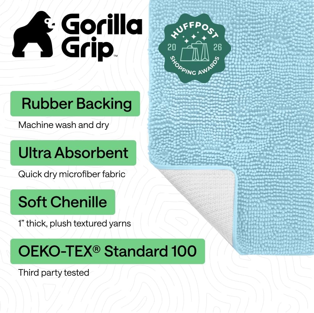 image:imageGORILLA GRIP Bath Rug Mat Thick Soft Absorbent Chenille Quick Dry Microfiber Mats Rubber Backing Machine Washable Shower Floor Rugs Bathroom Bathmat Home Decor Accessories 24x17 GreySky