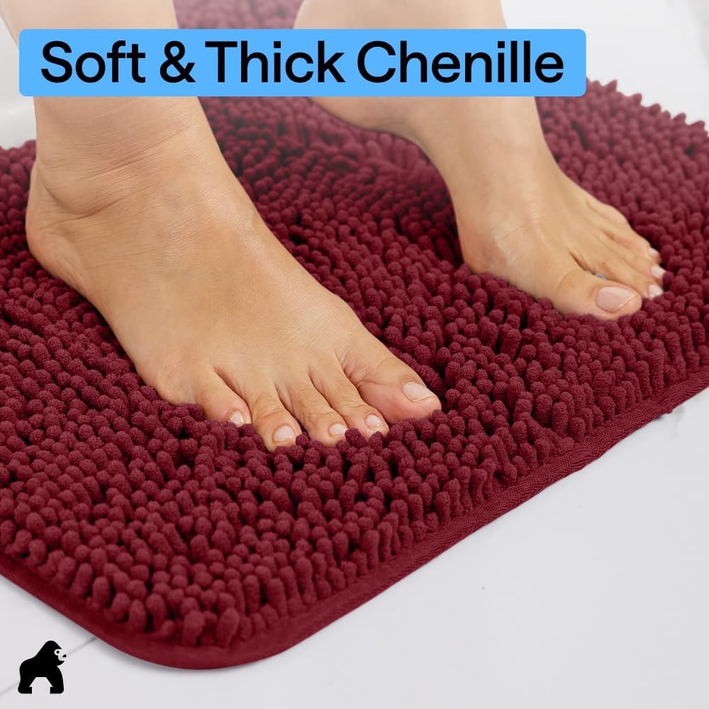 image:imageGORILLA GRIP Bath Rug Mat Thick Soft Absorbent Chenille Quick Dry Microfiber Mats Rubber Backing Machine Washable Shower Floor Rugs Bathroom Bathmat Home Decor Accessories 24x17 GreyBurgundy