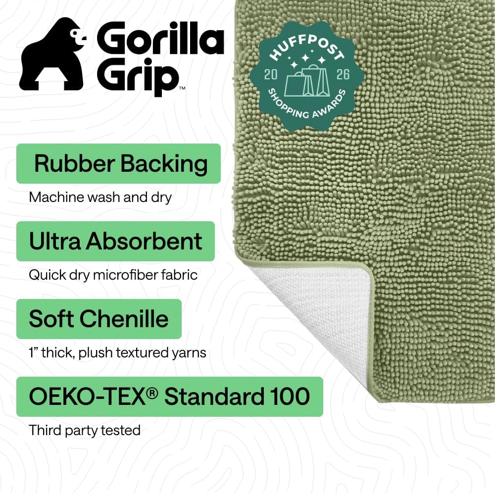 image:imageGORILLA GRIP Bath Rug Mat Thick Soft Absorbent Chenille Quick Dry Microfiber Mats Rubber Backing Machine Washable Shower Floor Rugs Bathroom Bathmat Home Decor Accessories 24x17 GreySage