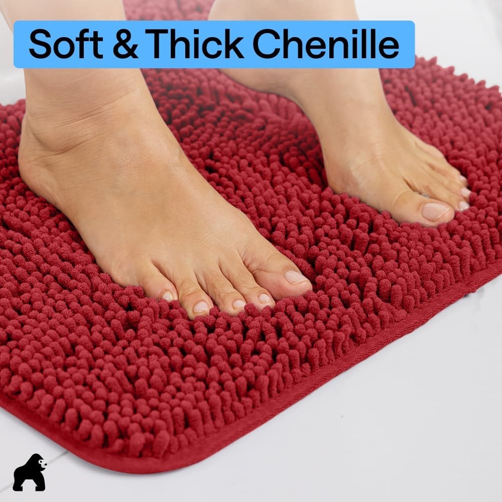 image:imageGORILLA GRIP Bath Rug Mat Thick Soft Absorbent Chenille Quick Dry Microfiber Mats Rubber Backing Machine Washable Shower Floor Rugs Bathroom Bathmat Home Decor Accessories 24x17 GreyRed