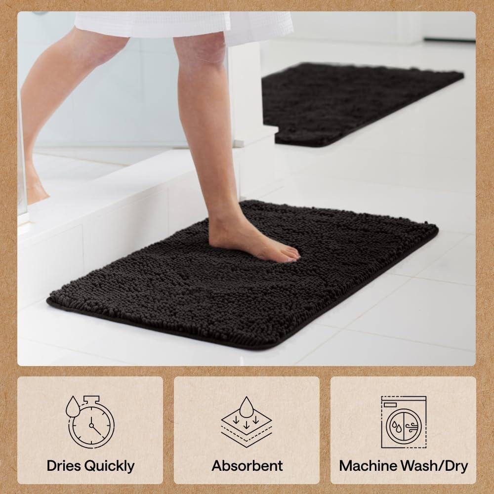 image:imageGORILLA GRIP Bath Rug Mat Thick Soft Absorbent Chenille Quick Dry Microfiber Mats Rubber Backing Machine Washable Shower Floor Rugs Bathroom Bathmat Home Decor Accessories 24x17 GreyBlack