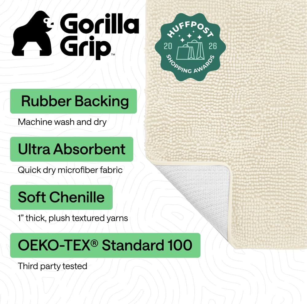 image:imageGORILLA GRIP Bath Rug Mat Thick Soft Absorbent Chenille Quick Dry Microfiber Mats Rubber Backing Machine Washable Shower Floor Rugs Bathroom Bathmat Home Decor Accessories 24x17 GreyIvory