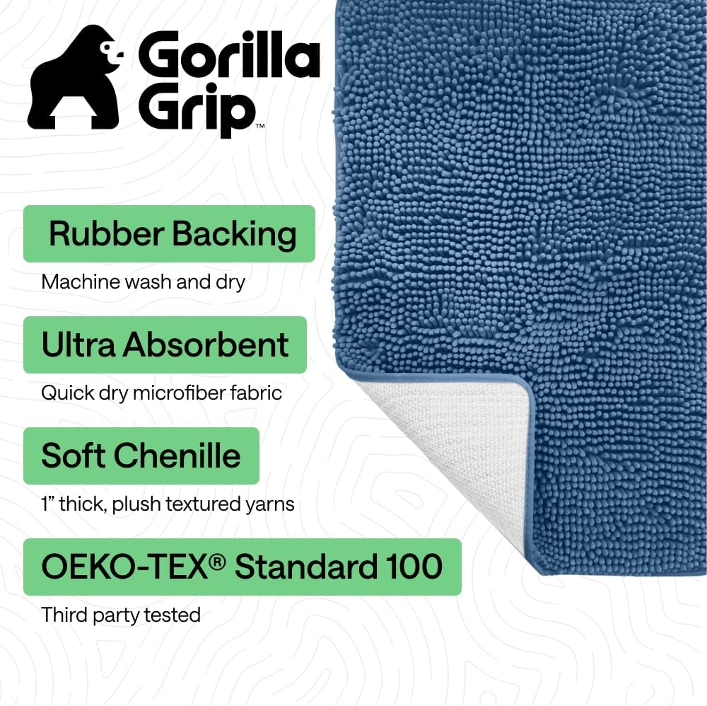 image:imageGORILLA GRIP Bath Rug Mat Thick Soft Absorbent Chenille Quick Dry Microfiber Mats Rubber Backing Machine Washable Shower Floor Rugs Bathroom Bathmat Home Decor Accessories 24x17 GreyBlue