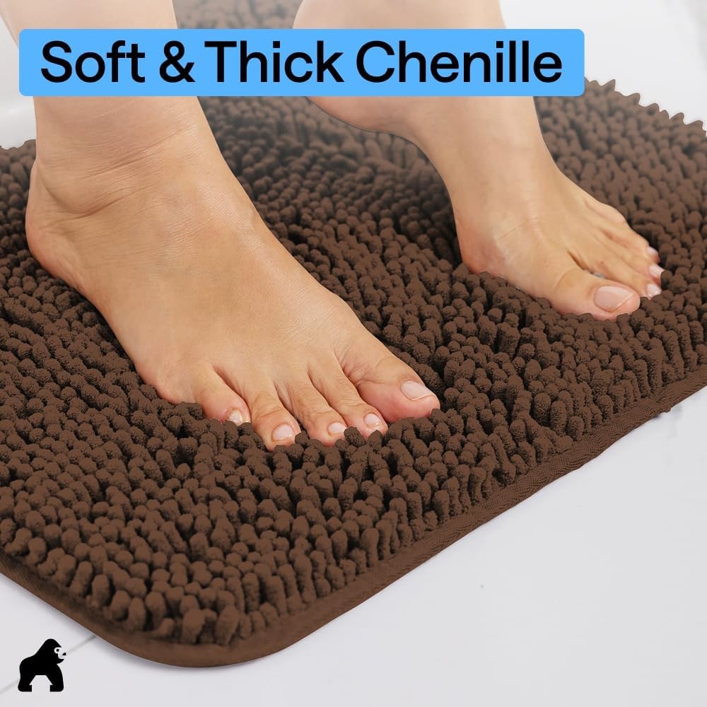 image:imageGORILLA GRIP Bath Rug Mat Thick Soft Absorbent Chenille Quick Dry Microfiber Mats Rubber Backing Machine Washable Shower Floor Rugs Bathroom Bathmat Home Decor Accessories 24x17 GreyBrown