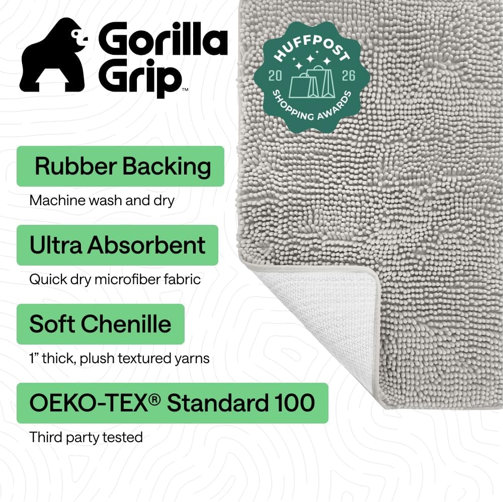 image:imageGORILLA GRIP Bath Rug Mat Thick Soft Absorbent Chenille Quick Dry Microfiber Mats Rubber Backing Machine Washable Shower Floor Rugs Bathroom Bathmat Home Decor Accessories 24x17 GreyLight Gray