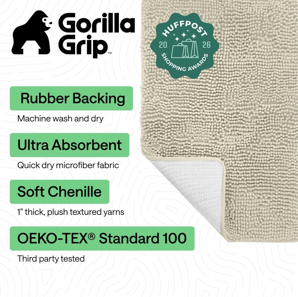 image:imageGORILLA GRIP Bath Rug Mat Thick Soft Absorbent Chenille Quick Dry Microfiber Mats Rubber Backing Machine Washable Shower Floor Rugs Bathroom Bathmat Home Decor Accessories 24x17 GreyDusty Cloud
