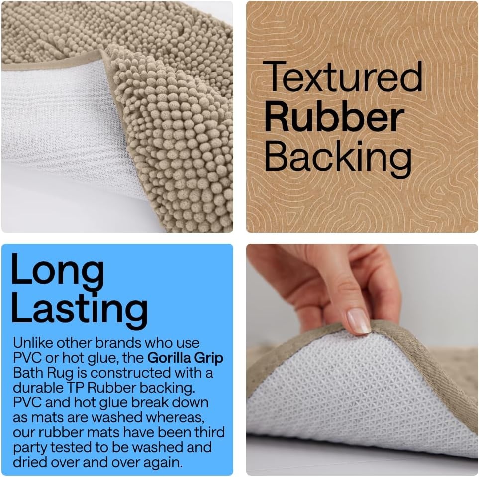 image:imageGORILLA GRIP Bath Rug Mat Thick Soft Absorbent Chenille Quick Dry Microfiber Mats Rubber Backing Machine Washable Shower Floor Rugs Bathroom Bathmat Home Decor Accessories 24x17 GreyGray Beige
