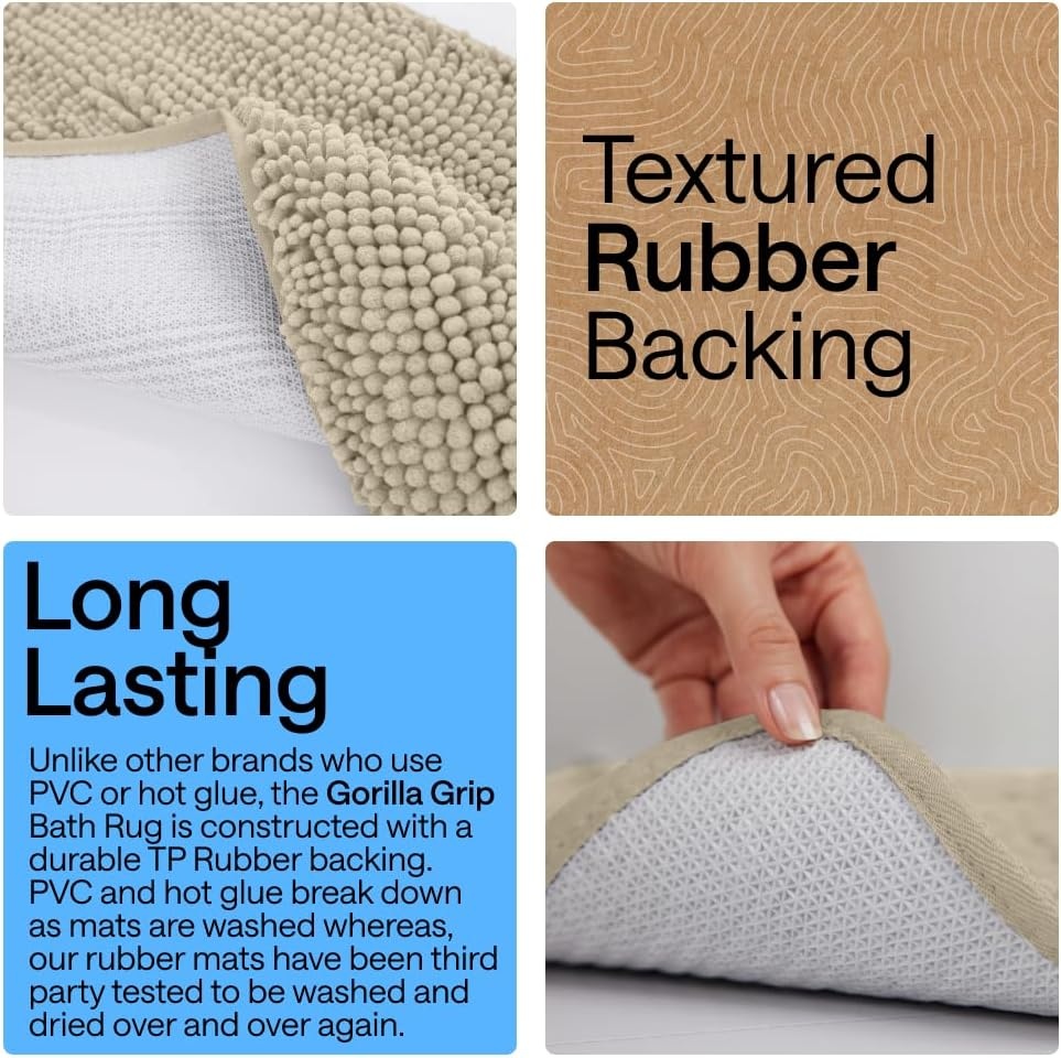 image:imageGORILLA GRIP Bath Rug Mat Thick Soft Absorbent Chenille Quick Dry Microfiber Mats Rubber Backing Machine Washable Shower Floor Rugs Bathroom Bathmat Home Decor Accessories 24x17 GreySand