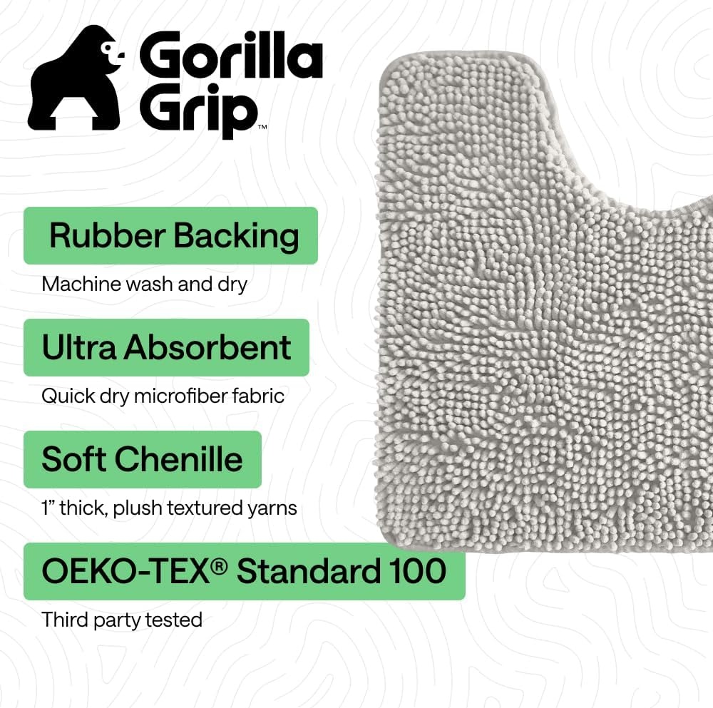 image:imageGORILLA GRIP Bath Rug Mat Thick Soft Absorbent Chenille Quick Dry Microfiber Mats Rubber Backing Machine Washable Shower Floor Rugs Bathroom Bathmat Home Decor Accessories 24x17 GreyLight Gray