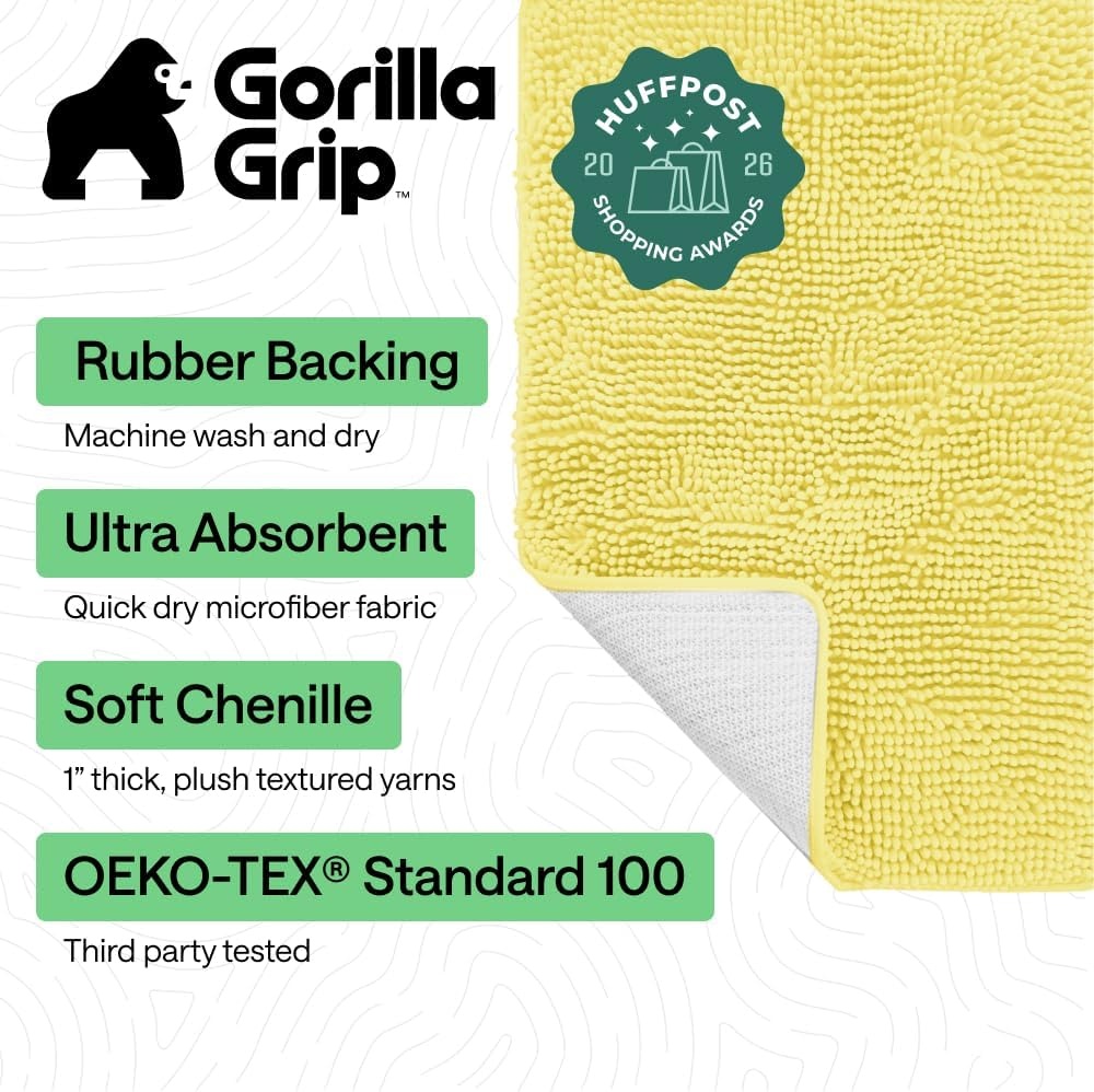 image:imageGORILLA GRIP Bath Rug Mat Thick Soft Absorbent Chenille Quick Dry Microfiber Mats Rubber Backing Machine Washable Shower Floor Rugs Bathroom Bathmat Home Decor Accessories 24x17 GreyYellow