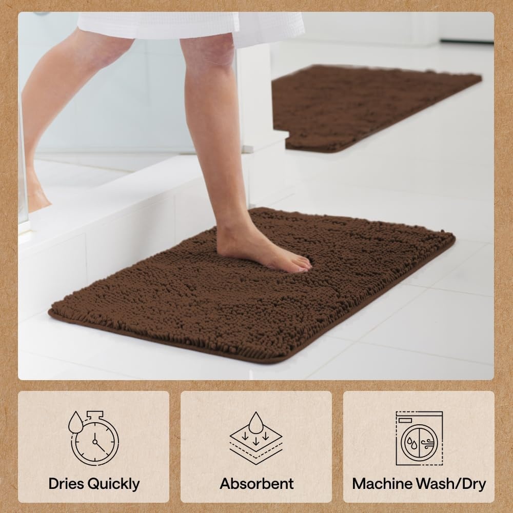 image:imageGORILLA GRIP Bath Rug Mat Thick Soft Absorbent Chenille Quick Dry Microfiber Mats Rubber Backing Machine Washable Shower Floor Rugs Bathroom Bathmat Home Decor Accessories 24x17 GreyBrown