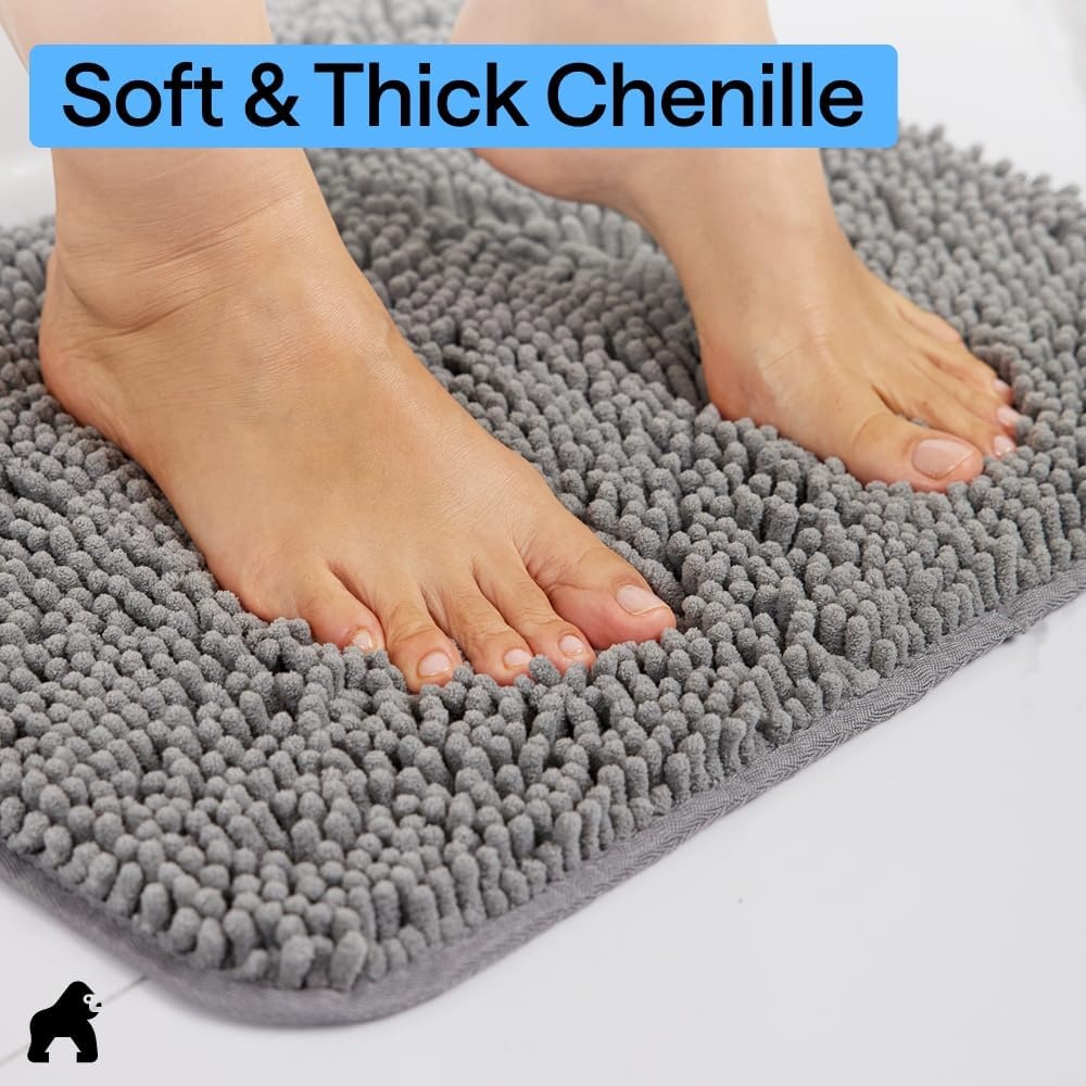 image:imageGORILLA GRIP Bath Rug Mat Thick Soft Absorbent Chenille Quick Dry Microfiber Mats Rubber Backing Machine Washable Shower Floor Rugs Bathroom Bathmat Home Decor Accessories 24x17 GreyGrey