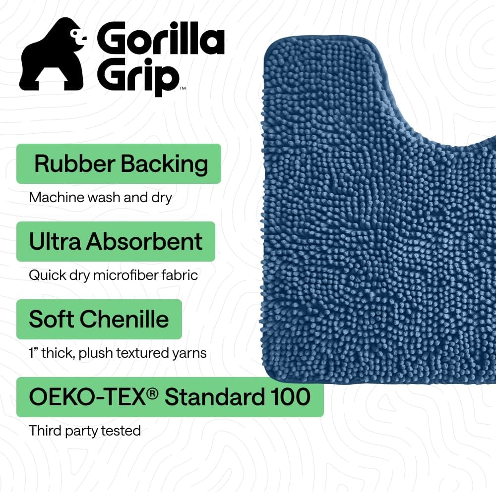 image:imageGORILLA GRIP Bath Rug Mat Thick Soft Absorbent Chenille Quick Dry Microfiber Mats Rubber Backing Machine Washable Shower Floor Rugs Bathroom Bathmat Home Decor Accessories 24x17 GreyBlue