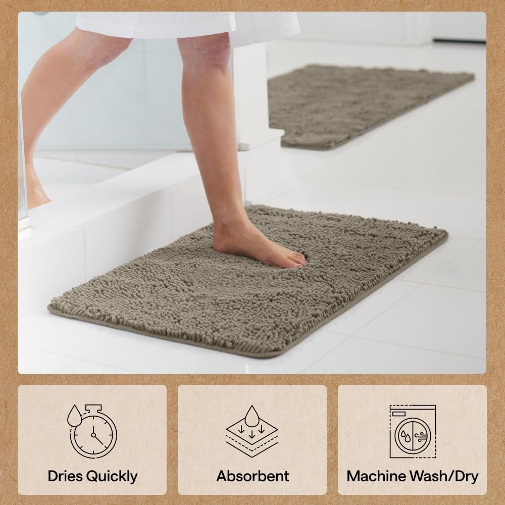 image:imageGORILLA GRIP Bath Rug Mat Thick Soft Absorbent Chenille Quick Dry Microfiber Mats Rubber Backing Machine Washable Shower Floor Rugs Bathroom Bathmat Home Decor Accessories 24x17 GreyLatte