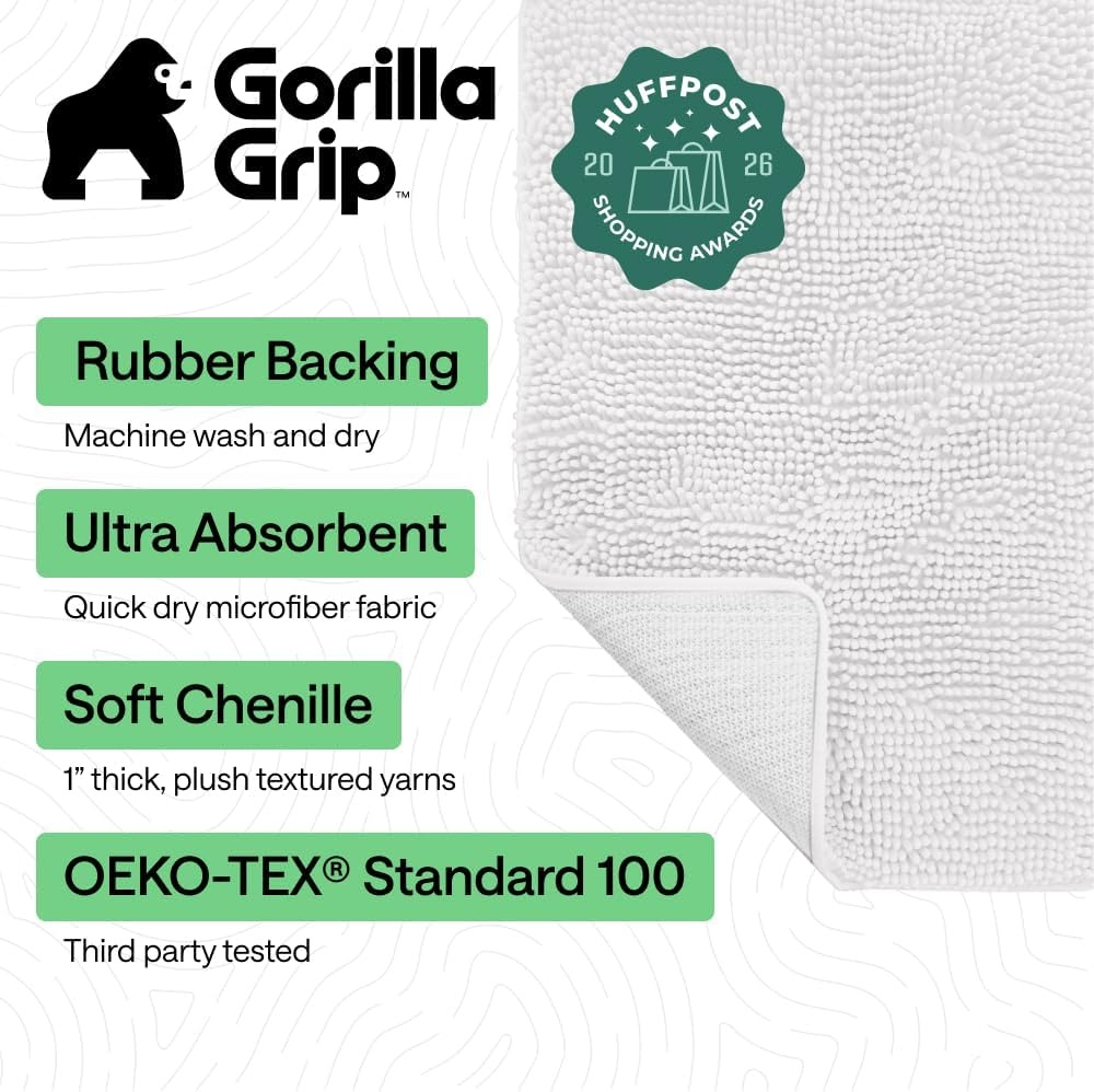 image:imageGORILLA GRIP Bath Rug Mat Thick Soft Absorbent Chenille Quick Dry Microfiber Mats Rubber Backing Machine Washable Shower Floor Rugs Bathroom Bathmat Home Decor Accessories 24x17 GreyWhite