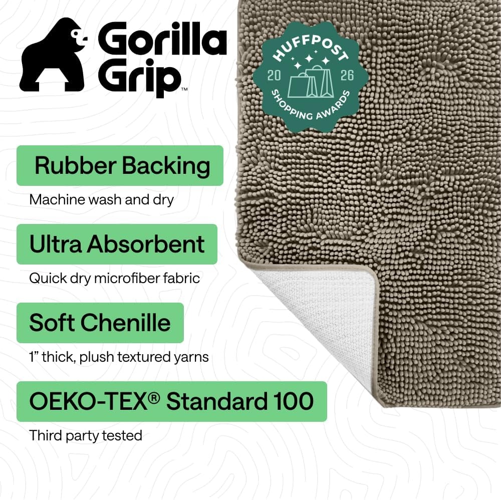 image:imageGORILLA GRIP Bath Rug Mat Thick Soft Absorbent Chenille Quick Dry Microfiber Mats Rubber Backing Machine Washable Shower Floor Rugs Bathroom Bathmat Home Decor Accessories 24x17 GreyLatte