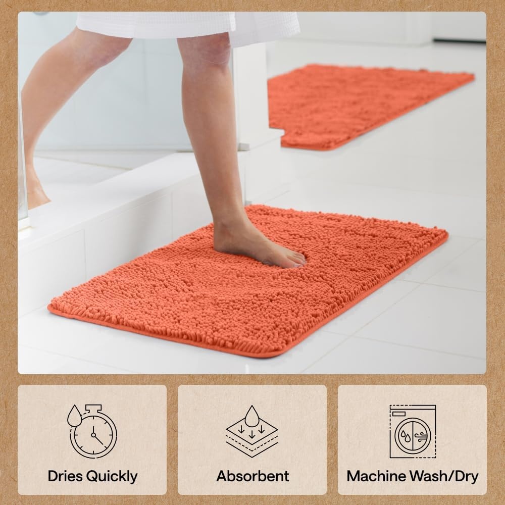 image:imageGORILLA GRIP Bath Rug Mat Thick Soft Absorbent Chenille Quick Dry Microfiber Mats Rubber Backing Machine Washable Shower Floor Rugs Bathroom Bathmat Home Decor Accessories 24x17 GreyCoral