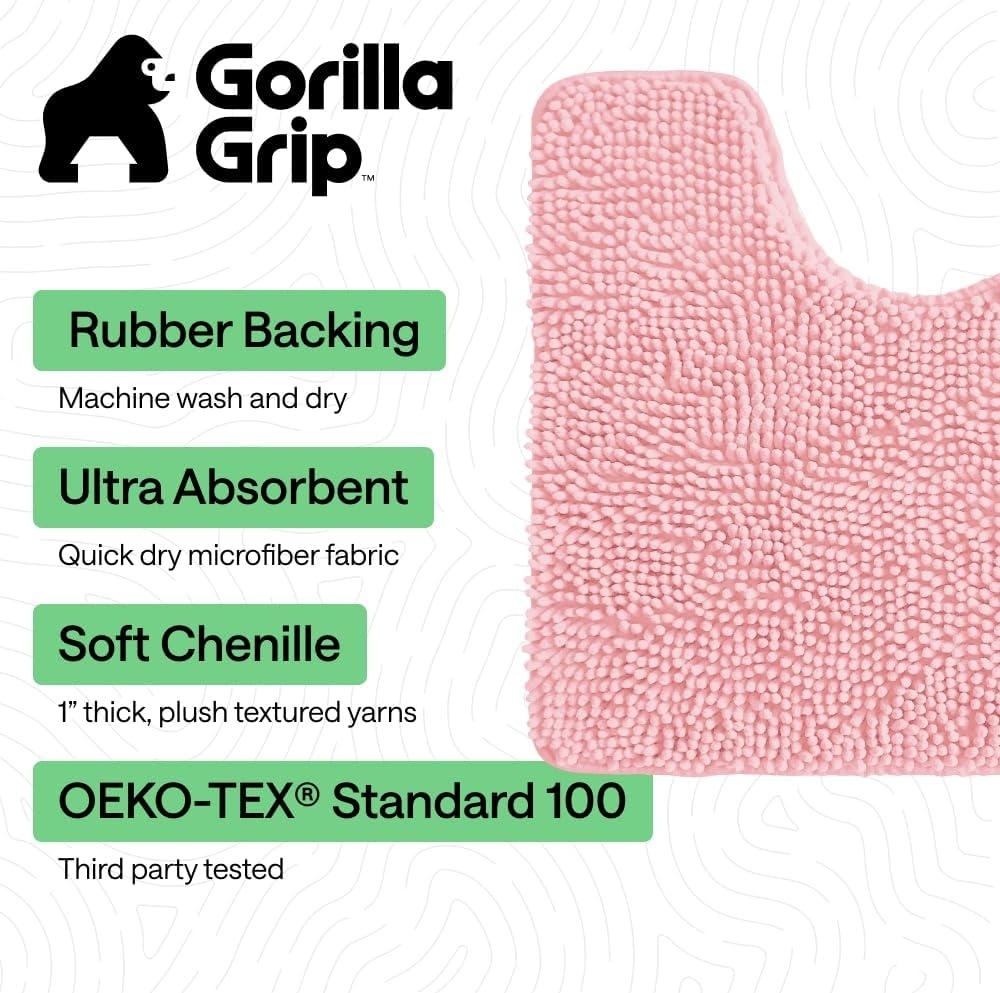 image:imageGORILLA GRIP Bath Rug Mat Thick Soft Absorbent Chenille Quick Dry Microfiber Mats Rubber Backing Machine Washable Shower Floor Rugs Bathroom Bathmat Home Decor Accessories 24x17 GreyLight Pink