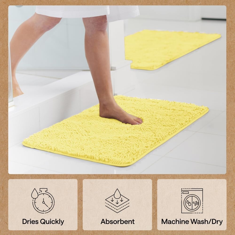 image:imageGORILLA GRIP Bath Rug Mat Thick Soft Absorbent Chenille Quick Dry Microfiber Mats Rubber Backing Machine Washable Shower Floor Rugs Bathroom Bathmat Home Decor Accessories 24x17 GreyYellow