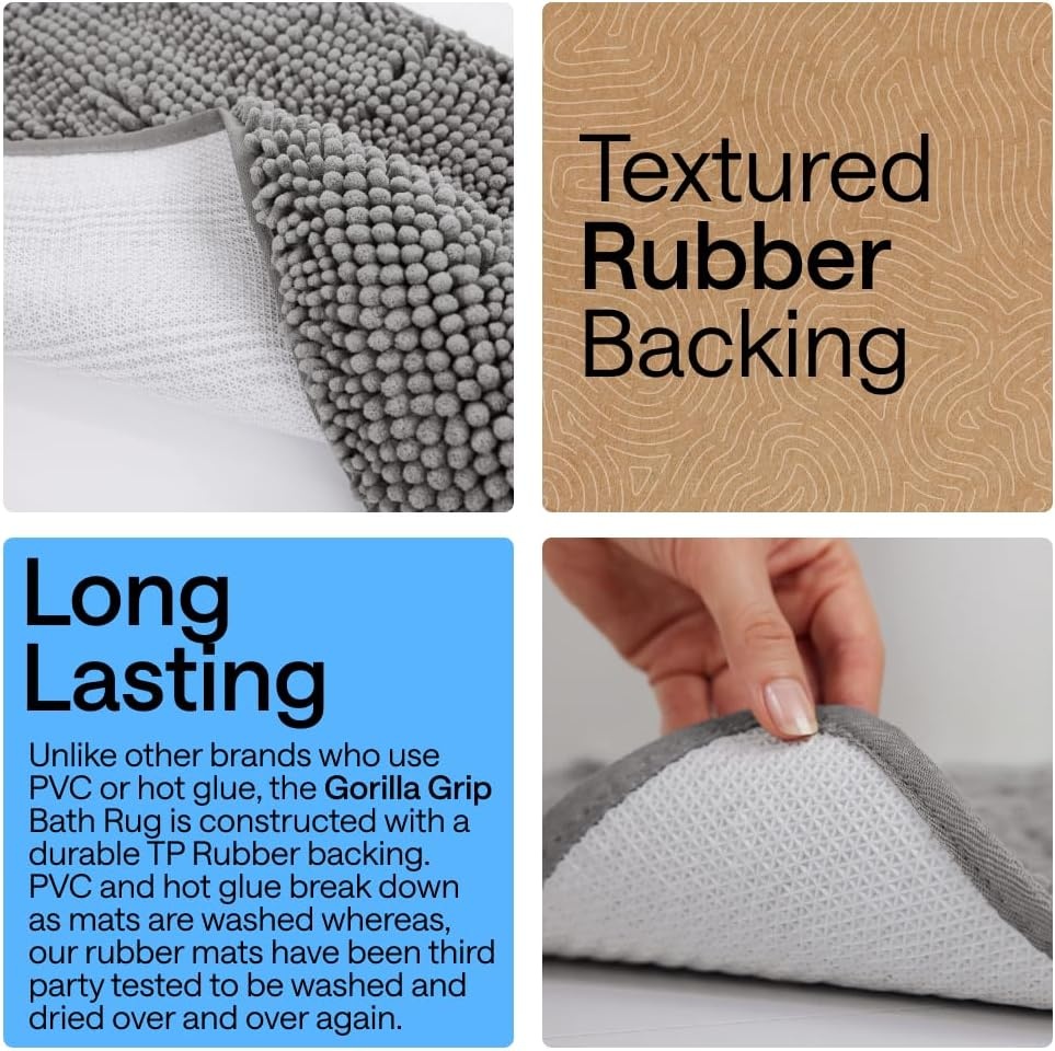 image:imageGORILLA GRIP Bath Rug Mat Thick Soft Absorbent Chenille Quick Dry Microfiber Mats Rubber Backing Machine Washable Shower Floor Rugs Bathroom Bathmat Home Decor Accessories 24x17 GreyGrey