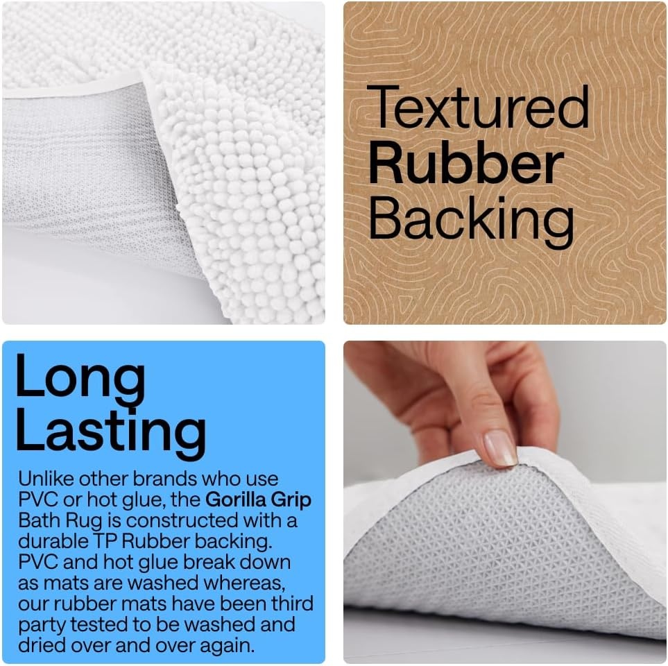 image:imageGORILLA GRIP Bath Rug Mat Thick Soft Absorbent Chenille Quick Dry Microfiber Mats Rubber Backing Machine Washable Shower Floor Rugs Bathroom Bathmat Home Decor Accessories 24x17 GreyWhite