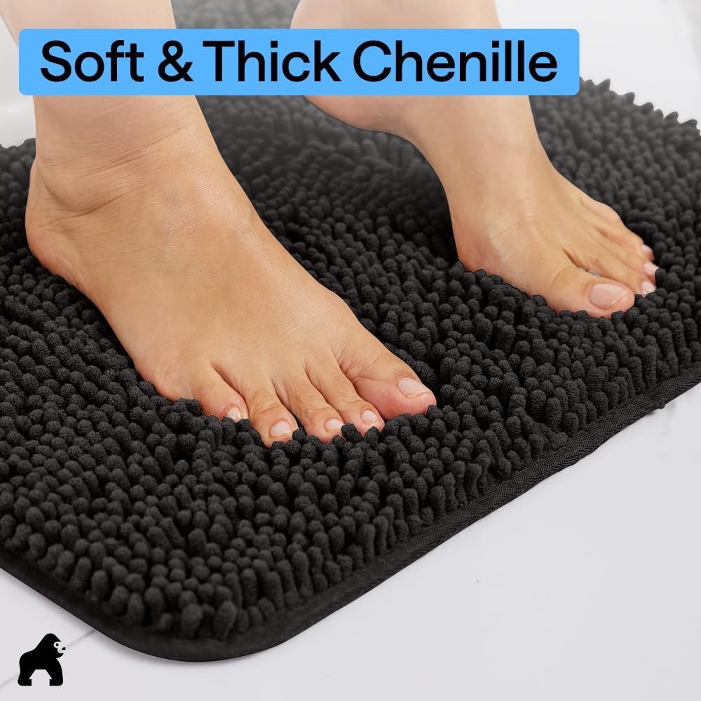 image:imageGORILLA GRIP Bath Rug Mat Thick Soft Absorbent Chenille Quick Dry Microfiber Mats Rubber Backing Machine Washable Shower Floor Rugs Bathroom Bathmat Home Decor Accessories 24x17 GreyBlack