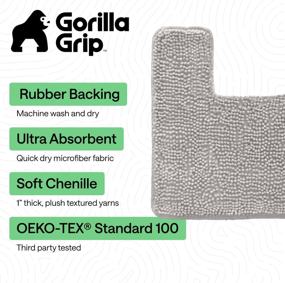 image:imageGORILLA GRIP Bath Rug Mat Thick Soft Absorbent Chenille Quick Dry Microfiber Mats Rubber Backing Machine Washable Shower Floor Rugs Bathroom Bathmat Home Decor Accessories 24x17 GreyLight Gray