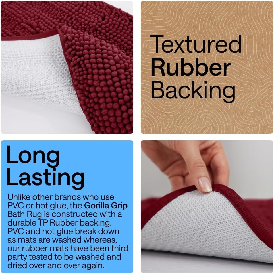 image:imageGORILLA GRIP Bath Rug Mat Thick Soft Absorbent Chenille Quick Dry Microfiber Mats Rubber Backing Machine Washable Shower Floor Rugs Bathroom Bathmat Home Decor Accessories 24x17 GreyBurgundy