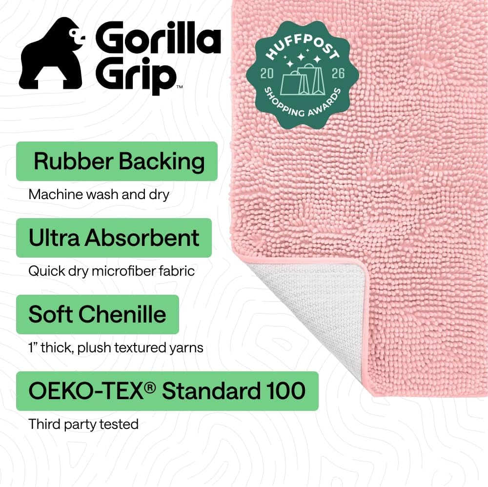 image:imageGORILLA GRIP Bath Rug Mat Thick Soft Absorbent Chenille Quick Dry Microfiber Mats Rubber Backing Machine Washable Shower Floor Rugs Bathroom Bathmat Home Decor Accessories 24x17 GreyLight Pink