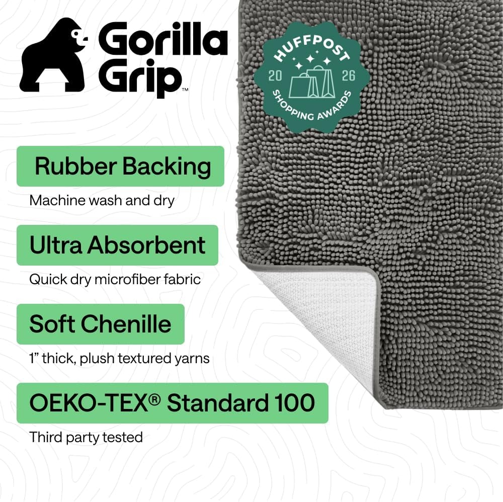 image:imageGORILLA GRIP Bath Rug Mat Thick Soft Absorbent Chenille Quick Dry Microfiber Mats Rubber Backing Machine Washable Shower Floor Rugs Bathroom Bathmat Home Decor Accessories 24x17 GreyCharcoal