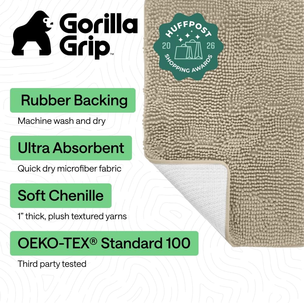 image:imageGORILLA GRIP Bath Rug Mat Thick Soft Absorbent Chenille Quick Dry Microfiber Mats Rubber Backing Machine Washable Shower Floor Rugs Bathroom Bathmat Home Decor Accessories 24x17 GreySand