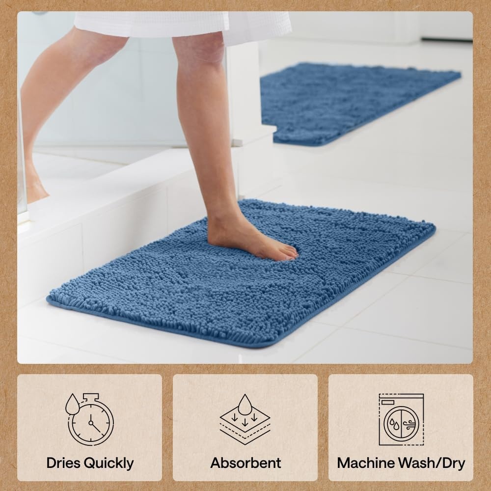 image:imageGORILLA GRIP Bath Rug Mat Thick Soft Absorbent Chenille Quick Dry Microfiber Mats Rubber Backing Machine Washable Shower Floor Rugs Bathroom Bathmat Home Decor Accessories 24x17 GreyBlue