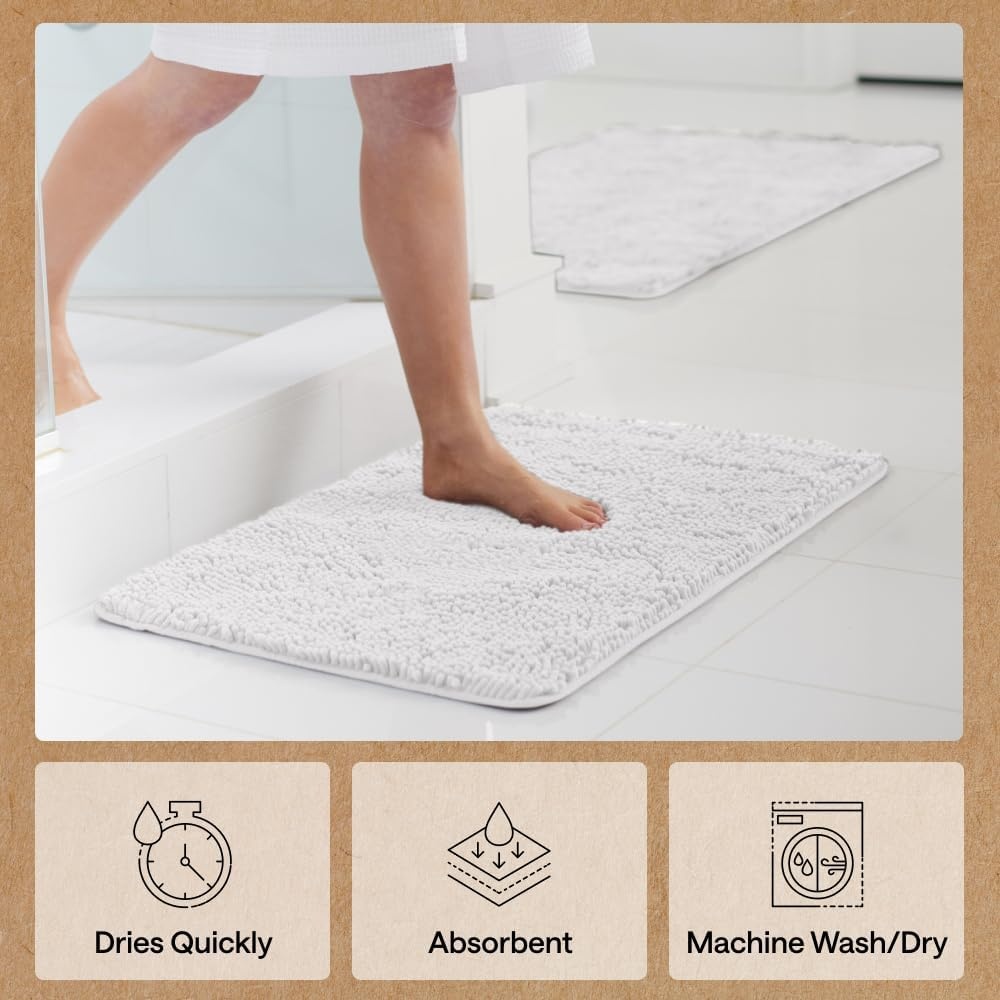 image:imageGORILLA GRIP Bath Rug Mat Thick Soft Absorbent Chenille Quick Dry Microfiber Mats Rubber Backing Machine Washable Shower Floor Rugs Bathroom Bathmat Home Decor Accessories 24x17 GreyWhite