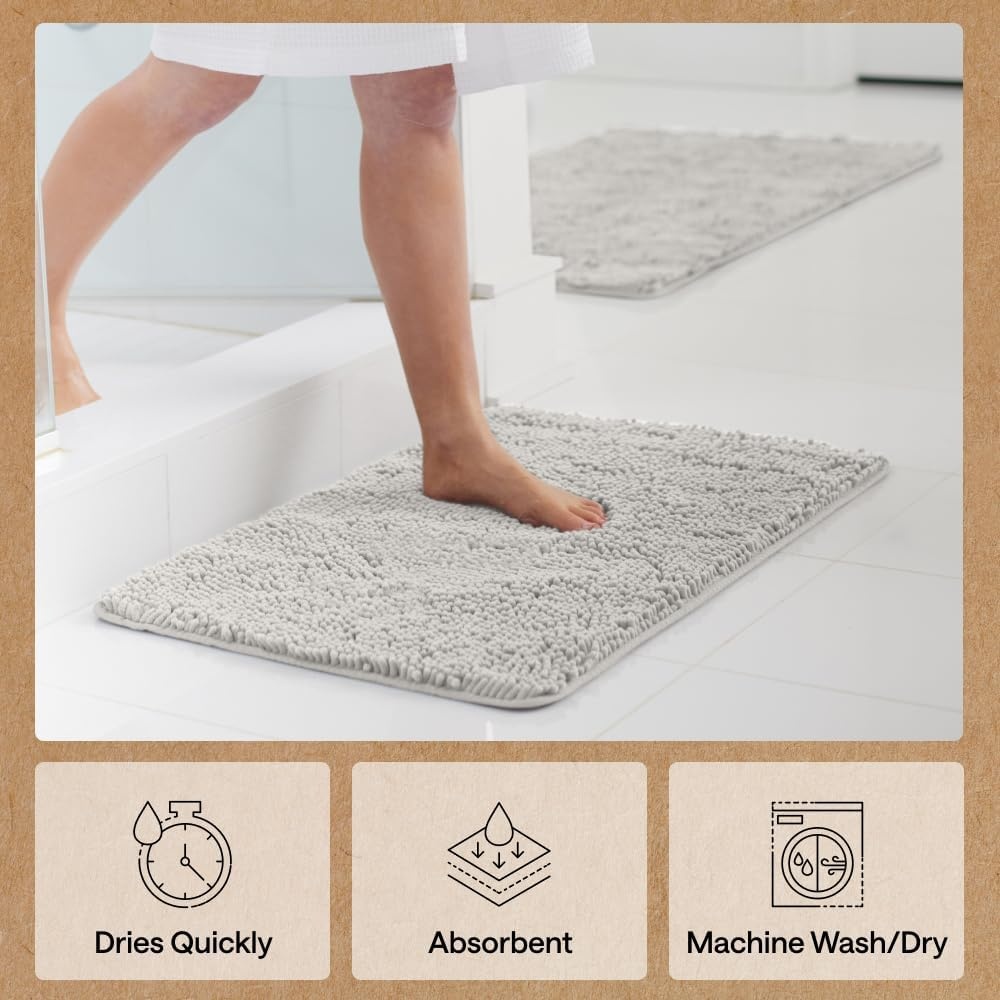 image:imageGORILLA GRIP Bath Rug Mat Thick Soft Absorbent Chenille Quick Dry Microfiber Mats Rubber Backing Machine Washable Shower Floor Rugs Bathroom Bathmat Home Decor Accessories 24x17 GreyLight Gray