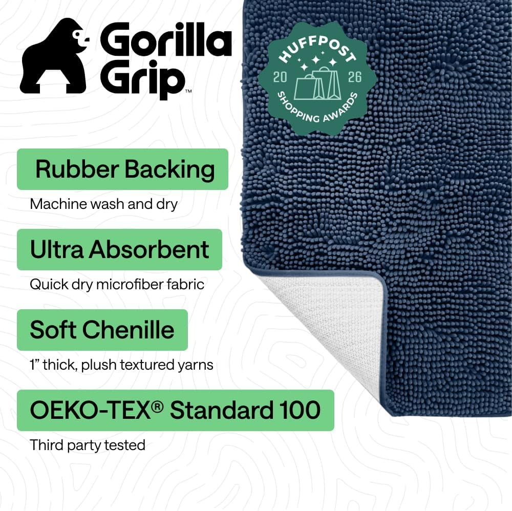 image:imageGORILLA GRIP Bath Rug Mat Thick Soft Absorbent Chenille Quick Dry Microfiber Mats Rubber Backing Machine Washable Shower Floor Rugs Bathroom Bathmat Home Decor Accessories 24x17 GreyNavy