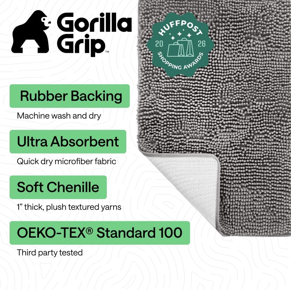 image:imageGORILLA GRIP Bath Rug Mat Thick Soft Absorbent Chenille Quick Dry Microfiber Mats Rubber Backing Machine Washable Shower Floor Rugs Bathroom Bathmat Home Decor Accessories 24x17 GreyGrey