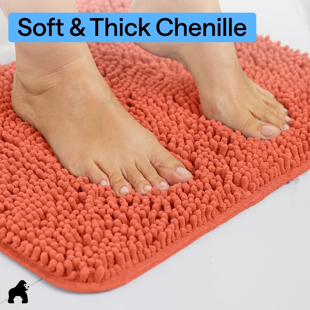 image:imageGORILLA GRIP Bath Rug Mat Thick Soft Absorbent Chenille Quick Dry Microfiber Mats Rubber Backing Machine Washable Shower Floor Rugs Bathroom Bathmat Home Decor Accessories 24x17 GreyCoral